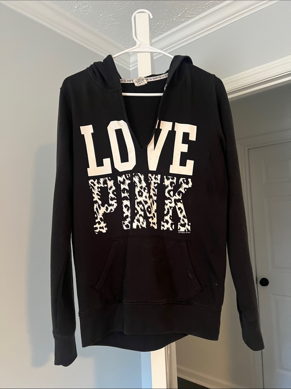PINK Victoria's Secret Black V-Neck Hoodie with White Logo